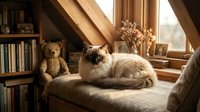 Ragdoll cat resting on cozy window seat in attic room with warm natural light, teddy bear, books and dried flowers for home decor and lifestyle content.