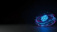 Futuristic neon email symbol with glowing blue and purple light trails on dark background for digital marketing and communication concepts.