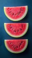 Fresh watermelon slices arranged in vertical composition on dark blue background. Juicy red flesh with black seeds and green rind shows natural texture and pattern.