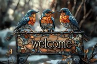 Three stylized bluebirds perched on mosaic welcome sign with stained glass effect. Orange and blue color scheme creates warm, inviting garden decor atmosphere.