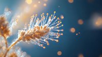 Delicate frost crystals on winter plant branch with morning dew drops and golden bokeh lights against dark blue background. Nature macro photography.