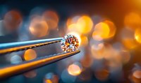 Round brilliant cut diamond held in tweezers against blurred golden bokeh background, showcasing luxury jewelry craftsmanship and precious gemstone quality.