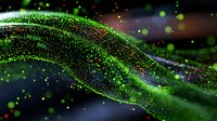 Glowing green particles flow in curved wave formation against dark background, creating dynamic motion effect with scattered light dots and bokeh elements.