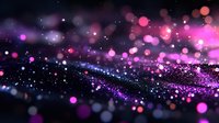 Magical glowing particles with pink and purple bokeh lights floating in dark space creating dreamy cosmic atmosphere. Abstract blurred background for festive designs.