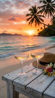 Romantic sunset beach scene with champagne glasses on wooden table, palm trees and ocean waves creating luxury vacation atmosphere for couples retreat.