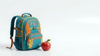 Colorful school backpack in teal and orange with multiple compartments next to a red apple on white background, isolated for educational and back-to-school design use.