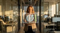 Professional businesswoman holding digital target icon in modern glass office environment showcasing business success and goal achievement concepts.