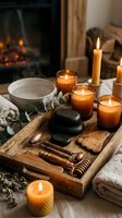 Cozy spa wellness setup with burning candles, hot stones, wooden massage tools and eucalyptus on rustic tray near fireplace for relaxation therapy.