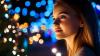 Young Caucasian woman with blonde hair in profile view against blurred bokeh lights background, soft evening illumination creates dreamy atmosphere, side lighting on face.