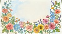 Watercolor floral border with colorful blooms, roses, sunflowers, and greenery on a light background with copy space.