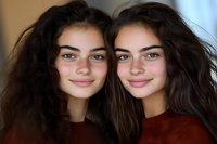 Two young Caucasian women with long brown hair smiling warmly at camera in cozy indoor setting with natural lighting for lifestyle photography.