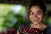 Young Hispanic woman with radiant smile holding fresh bowl of red cherries against blurred green garden background, natural lighting creates warm summer mood.