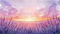 Watercolor sunset landscape with purple lavender field and dramatic sky in soft pink and violet hues for relaxation and nature themes.