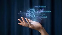 Business professional hand presenting digital holographic interface with accountability management performance gears and data analytics visualization.