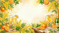 Watercolor border with champagne glasses, mimosa flowers, oranges, and a bottle on a light background with copy space.