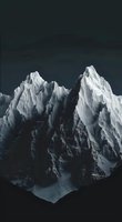 Dramatic snow-covered mountain peaks against dark moody sky, highlighting stark white ridges and deep shadows in monochromatic landscape composition.