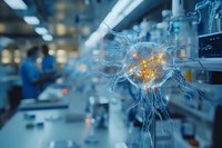 Glowing virus cell structure with blue neural connections in scientific laboratory environment, blurred medical research background with equipment and staff.