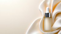 Luxury cosmetic serum bottle with white silk fabric and golden light effect creates elegant beauty product composition for skincare advertising.