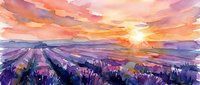 Watercolor lavender field at sunset with purple flowers and golden sky. Peaceful countryside landscape painting with warm colors and soft brushstrokes.