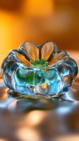 Crystal glass ashtray in flower shape with blue and green tints on reflective surface against warm orange background, showing luxury craftsmanship details.