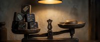 Vintage balance scale with wooden blocks and bowl under warm pendant light creating atmospheric shadows on textured wall background for legal concepts.