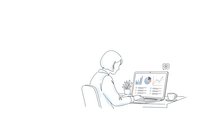 Young professional woman working on laptop computer at desk with coffee cup and plant in minimalist line art style for business presentations.