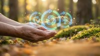 Hands holding glowing recycling symbols in forest setting with warm sunlight and bokeh effects representing environmental conservation and sustainability.
