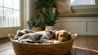 Adorable tabby cat and golden retriever puppy sleeping peacefully together in wicker basket by sunny window. Cozy home interior with natural light.