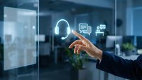 Professional hand touching digital communication icons on transparent screen in modern office environment for business technology presentations.