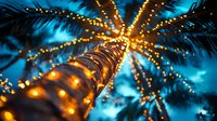 Tropical palm tree decorated with golden string lights against blue evening sky creating magical vacation atmosphere for holiday celebrations and resort marketing.