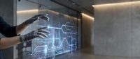 Businessman touching holographic digital interface with data analytics charts and graphs in modern office environment for business technology presentations.