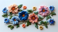 Colorful floral composition with handcrafted clay or polymer flowers in pink and blue tones arranged in decorative pattern on white background, perfect for craft and DIY projects.