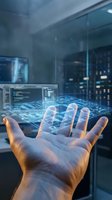 Hand holding glowing holographic circuit board with digital network interface in modern tech office environment with city skyline and computer screens.
