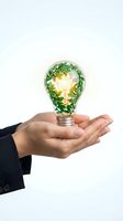 Businessman hands holding glowing light bulb with green leaves inside representing eco-friendly innovation and sustainable energy solutions for business.