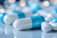 Blue and white medical capsule on reflective surface with blurred pharmaceutical pills in background creating soft bokeh effect for healthcare concept.