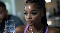 Young African American woman in purple athletic wear holding glass of water, focused expression during workout break at fitness center. Healthy lifestyle concept.
