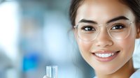 Young Asian female medical professional wearing transparent glasses and white coat smiles confidently in modern healthcare setting with laboratory glassware.