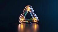 Glowing triangle shape with iridescent glass effect and warm light reflections on dark background creates mystical atmosphere and depth.