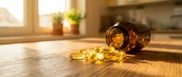 Golden vitamin D capsules spilling from amber glass bottle on wooden kitchen counter with warm sunlight streaming through window creating healthy lifestyle scene.