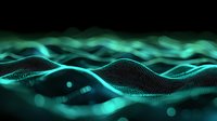 Abstract digital wave pattern with glowing turquoise particles flowing on black background, creating dynamic undulating surface for technology and data visualization concepts.