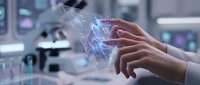 Futuristic holographic interface with glowing digital elements floating above human hand in modern laboratory setting for technology concepts.