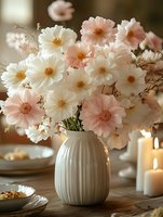 Delicate pink and white cosmos flowers in ceramic vase on wooden table with lit candles creating romantic atmosphere for special occasions and home decor.