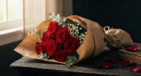 Elegant red rose bouquet wrapped in brown kraft paper with baby's breath on wooden surface near window for romantic occasions and gifts.