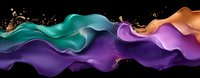 Flowing abstract waves in turquoise, purple and copper colors with glitter splashes on black background create dynamic luxury design element for headers and banners.