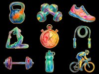 Colorful watercolor fitness clipart set with kettlebell, dumbbells, sneaker, yoga pose, stopwatch, jump rope, barbell, water bottle, and cyclist, isolated on transparent background for stickers, t-shirts.