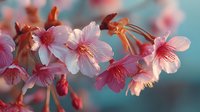 Delicate pink cherry blossoms with soft petals and visible stamens blooming on branch against blurred background, spring flowering tree in gentle natural light.