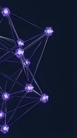 Purple glowing spheres connected by luminous lines form an abstract network structure against dark background, representing digital connectivity and data communication.
