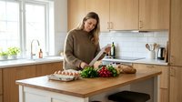 Young woman with brown hair and light skin tone, wearing casual brown sweater, preparing fresh vegetables and bread in modern kitchen with wooden cabinets, reading recipe on smartphone while cooking.