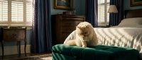Fluffy Persian cat relaxing on emerald green velvet sofa in elegant living room with natural sunlight streaming through wooden shutters.