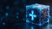 Glowing blue medical cross symbol in transparent cube with sparkles and particles on dark background, modern healthcare concept for medical presentations.
